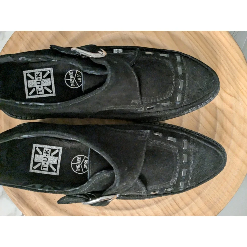 NWOT T.U.K. Black Suede Monk Strap Creepers‎ Platform Shoes Size US 7 EU 40